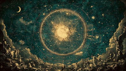 Naklejka premium Celestial Chart with Golden Stars and Angels