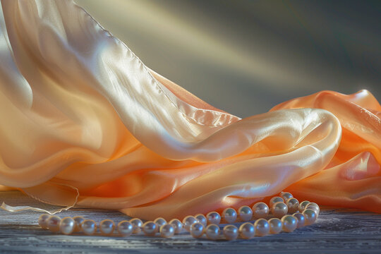 Elegant Silk Scarf Spread Across a Table &ndash; Side Lighting Enhances the Fabric&rsquo;s Sheen, with Blurred Pearls in the Foreground Adding a Luxurious and Sophisticated Touch