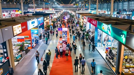 A Sea of Opportunity: Capturing the vibrant energy of a bustling trade show floor, packed with exhibitors and attendees exploring the latest products and innovations. 