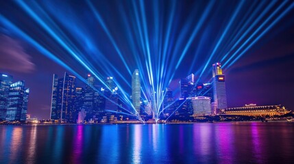 Singapore Skyline Illuminated by Blue Laser Beams