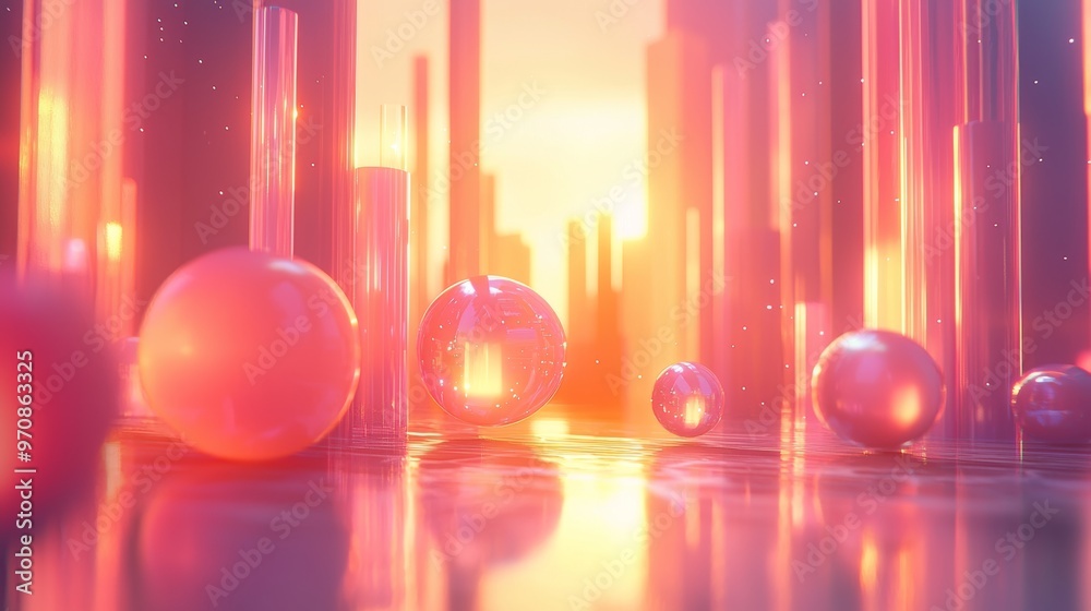 Sticker abstract pink and orange glass spheres and columns with sunset reflections