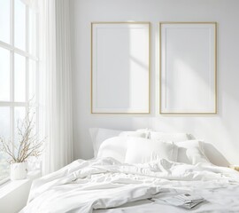 A mockup frame showing a luxury Hampton style bedroom interior in 3D