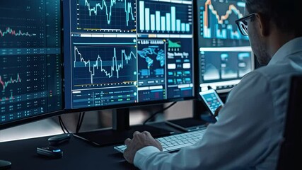 Financial Analyst at Work: A focused professional monitors stock market trends and data on multiple screens, exemplifying the intensity and precision of financial analysis in a modern office environme