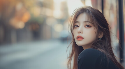 Obraz premium portrait of a beautiful asian girl woman model, fashion model, fashion photography, minimalistic, street photography.
