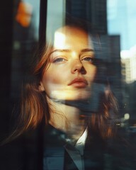 Fototapeta premium Reflective urban portrait of a woman in soft sunlight