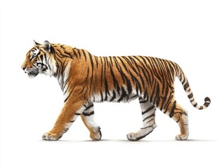Fototapeta premium Side view of a tiger. Walking forward, white background. Digital painting
