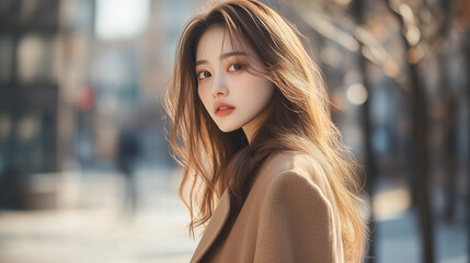 portrait of a beautiful asian girl woman model, fashion model, fashion photography, minimalistic, street photography.