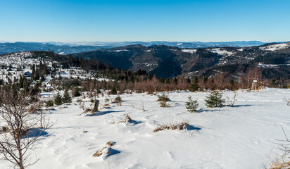 View above Bryzgalky settlement in winter Kysucke Beskydy mountains