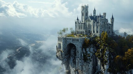 Majestic Stone Castle Perched on Clifftop with Mountain and Clouds