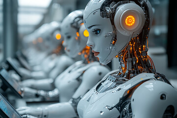 Fototapeta premium A representation of online platforms and marketplaces used to advertise and attract attention to innovative beauty products and services involving robots, ideal for newsletters and marketing campaigns