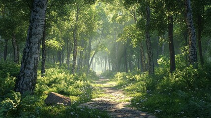 Sunbeams Through Birch Trees Forest Path Nature Trail Summer