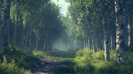 Obraz premium Sunlit Path Through Birch Tree Forest