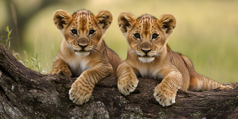 A young lion cub stares directly into the camera with an innocent yet regal expression