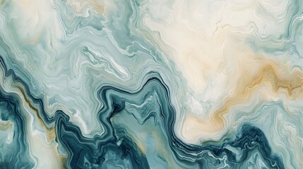 An abstract fluid art design featuring swirling patterns of teal, beige, and cream tones. The marble-like flow creates a sense of movement and organic texture.