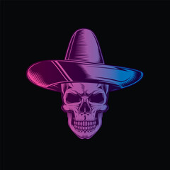 Skull in a sombrero. Dia De Los Muertos. Original vector illustration in vintage style isolated on black background. T-shirt design.