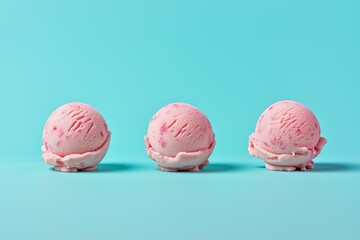 Three scoops of strawberry ice cream on a blue background 