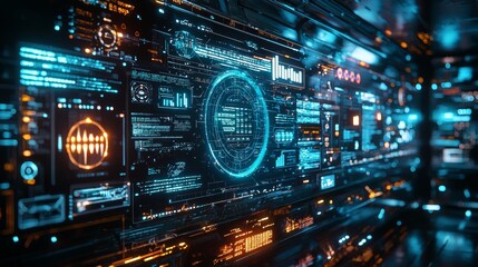 Futuristic Digital Interface with Glowing Blue and Orange Lights