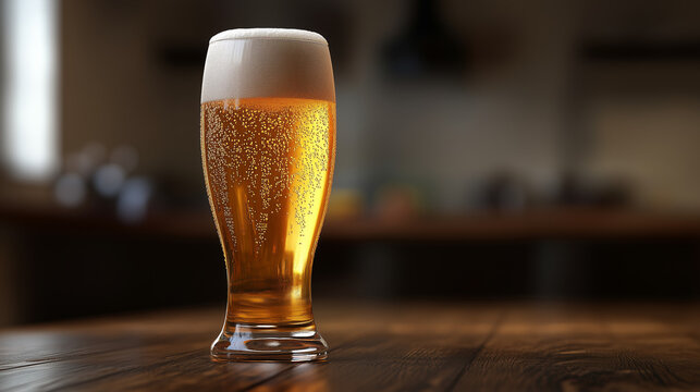 Frosty beer glass on a wooden bar, with a blurred background on bar counter - Powered by Adobe