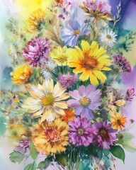 Romantic bouquet of beautiful flowers. Watercolor painting.