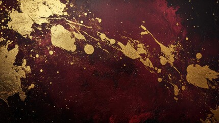 Abstract background with gold splatters on a dark red textured surface.
