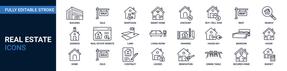 Real Estate editable stroke web icon set. Contains home, rent, land, drawing, sale, discount, property and mortgage line icons collection. Vector illustration