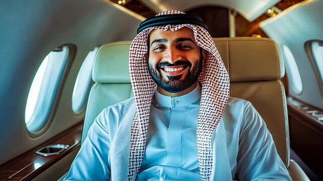 A young Middle Eastern man, dressed in traditional attire, sits comfortably and smiles inside a luxurious private jet cabin. The well-lit interior and soft afternoon light create a warm and relaxed