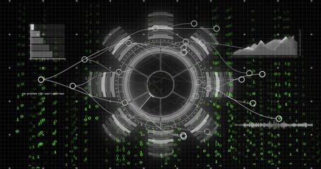 Digital data processing and analysis animation over futuristic interface with graphs and codes