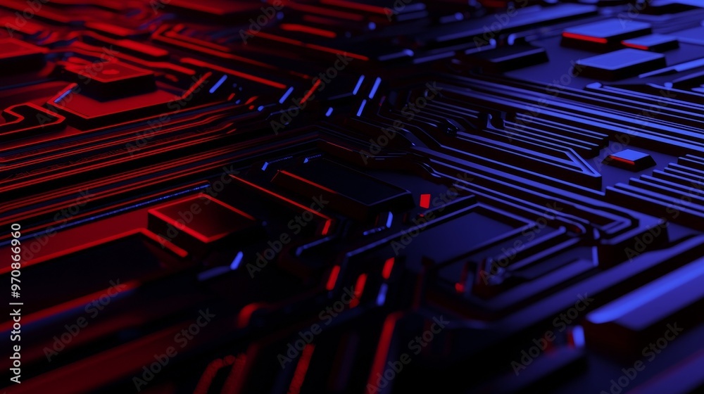 Poster Digital integrated network technology. Blue and red backgrounds. Printed circuit board. Technology background. Neon. A computer infographic. Vault interface. A computer infographic. Mirrored pattern.
