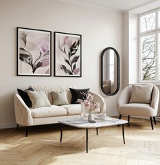 A frame mockup in a modern classic living room interior, rendered in 3D