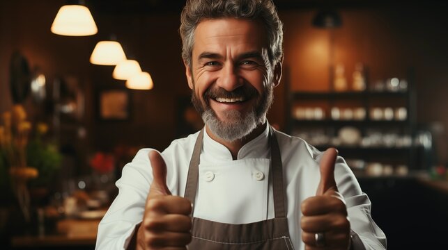 smiling male chef showing thumbs up.