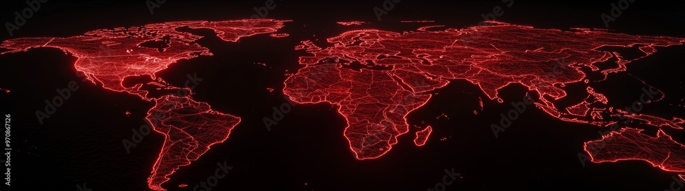 Poster from space, digital mainlands. cities and countries connected by plexus light lines. virtual contine