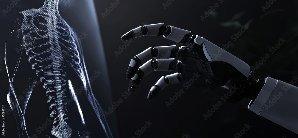 Poster medical interface 3d rendering showing a cyborg hand holding a futuristic template