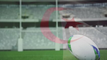 Rugby ball on field with goalposts over Algeria flag animation - Powered by Adobe