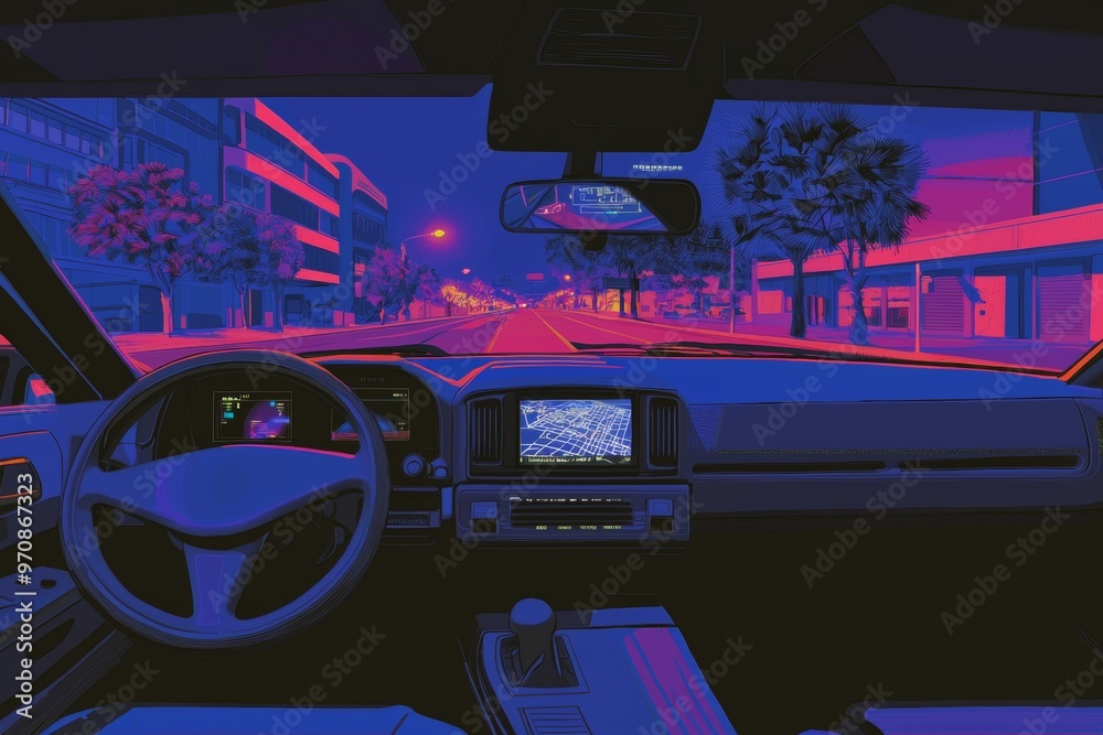 Fototapete A self-driving car with HUD that shows AI Autopilot and GPS navigation is parking near the road while using a sensor to keep the vehicle safe. Transportation technology, autonomous vehicle concept.