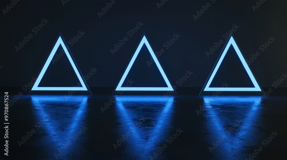 Poster Triangular blue digital portal with bright lines. Future concept technological background. Virtual tunnel with abstract data flow.