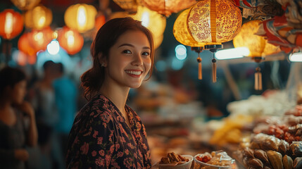 Smiling Woman Enjoying Street Food at a Night Market with Lanterns