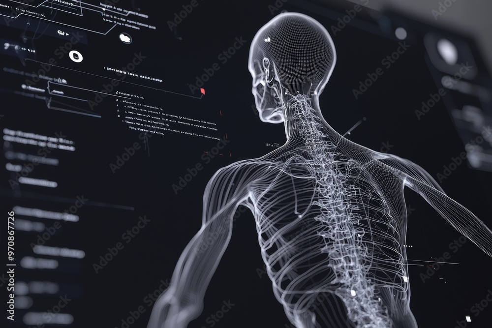 Fototapete anatomy scan of a man's bones and organs analyzed on a futuristic touchscreen interface. concept: fu