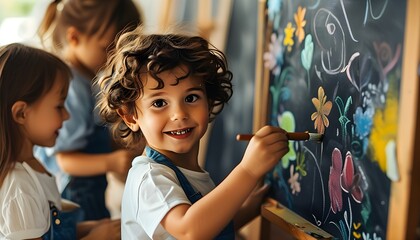 Joyful children engaged in a blackboard activity, drawing and learning, cultivating a passion for education in a vibrant and clear setting