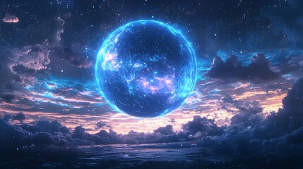 Glowing Blue Planet Above Clouds and Stars