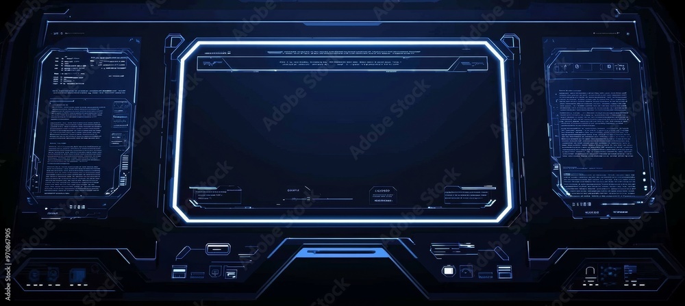 Poster Conceptual high tech background with holographic portal, frames, HUD, GUI, UI elements. Innovative HUD-style background. Vector.
