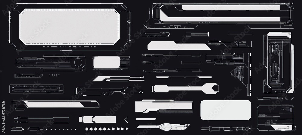 Aufkleber digital futuristic hud elements. arrows, callouts, information blocks, squares, headers abstract geo