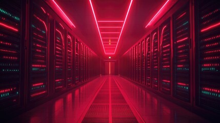 Obraz premium A long, narrow corridor lined with server racks. The ceiling is illuminated with red neon lights, casting a futuristic glow.