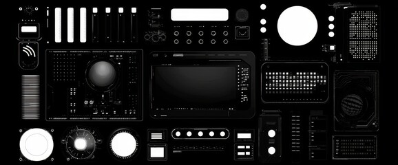 Fototapeta premium Futuristic HUD elements with link boxes, arrows, callouts, headers, pointers, borders, information fields, and boxes. Set of elements for video games or modern sci-fi user interfaces.