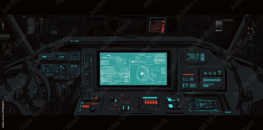 Poster Holographic virtual reality technology screen with holographic digital user interface and GUI elements.