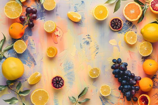  Grapes oranges and lemons scattered artistically on pastel background, vibrant fruit assortment for healthy diet, fresh citrus and berries, perfect for visual culinary and food content.

