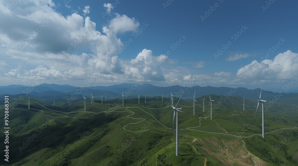 Aufkleber animated aerial view of wind turbines generating clean renewable energy for sustainable development 
