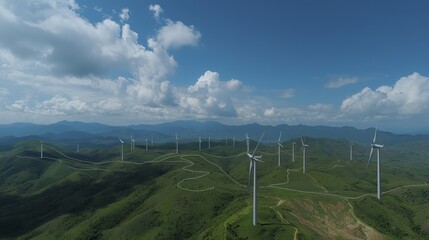 Animated aerial view of wind turbines generating clean renewable energy for sustainable development using holographic display technology.