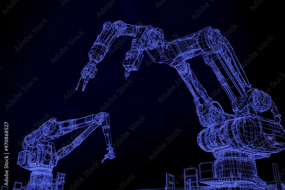 Fototapete Technology 3D rendering of Industrial 4.0 robot arm and hologram display