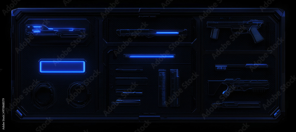 Aufkleber Digital hologram window with high tech screen for game interface. Set of square frames with text and blocks.