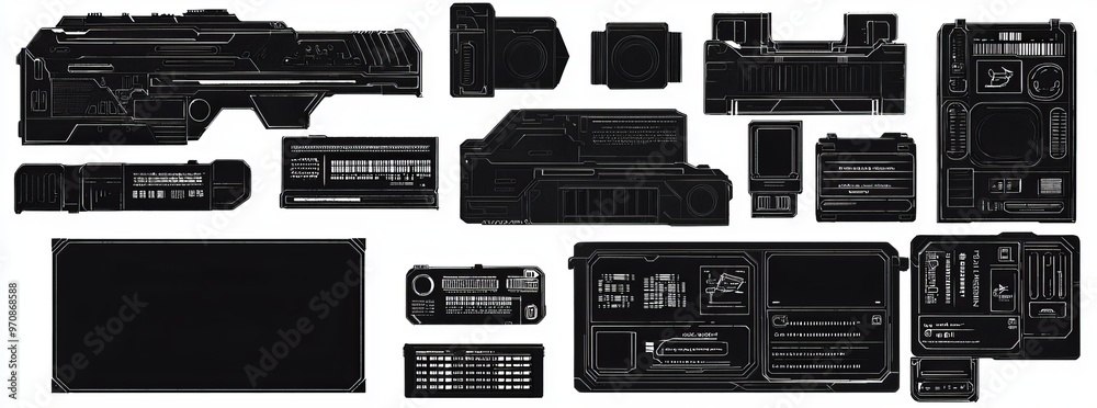 Aufkleber HUD technology set including circular points and targets. User-friendly HUD interface for gaming. Cyber-style gaming windows.